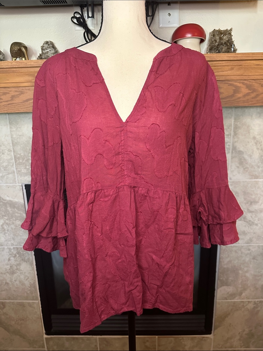 LOFT M Burgundy Embroidered Cotton Blouse Ruffle Bell Sleeve V Neck Top
